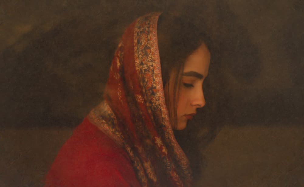 Serene Red Scarf Portrait by Mehdi Mokhtari — canvas wall art