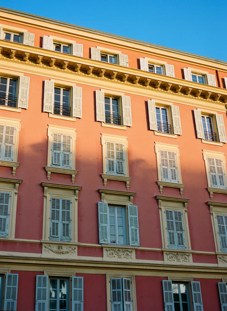 Pink Facade Blue Shutters by Bethany Young — canvas wall art