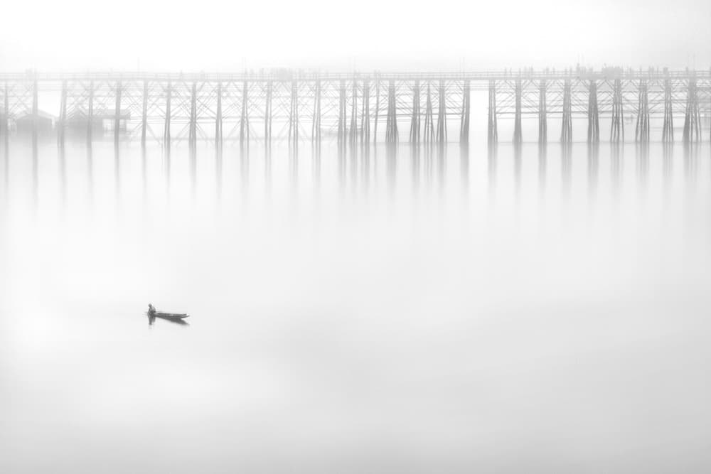 Misty Bridge Lone Boat by Ekkachai Khemkum — canvas wall art