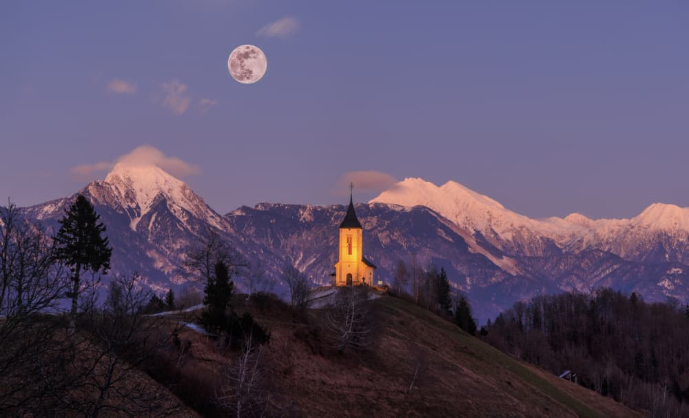 Moonlit Mountain Church by Bor — canvas wall art
