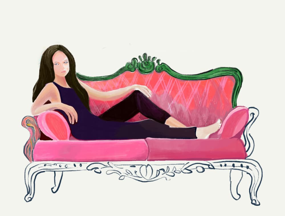 Elegant Woman Pink Sofa by Beate Tubach — canvas wall art