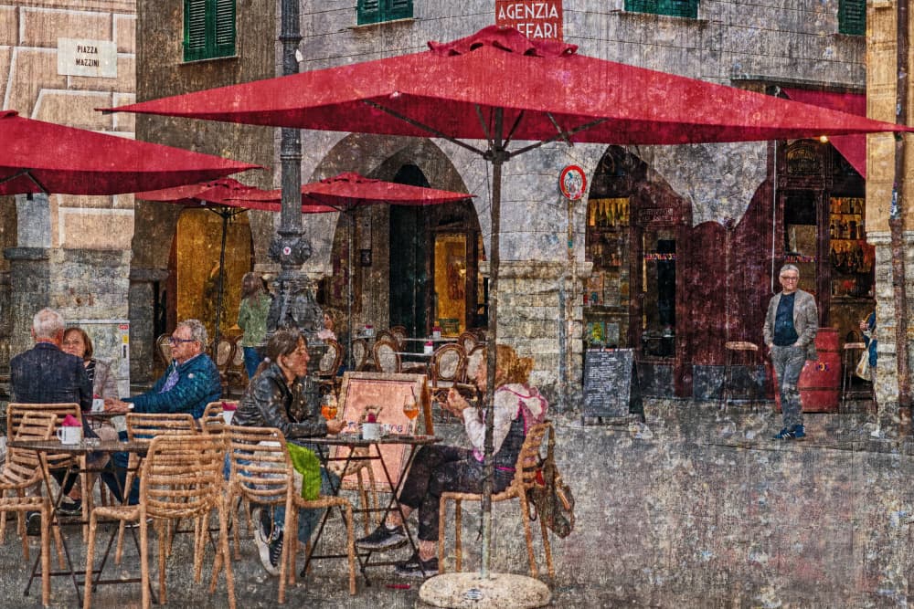 Red Umbrellas Italian Cafe by Isabelle DUPONT — canvas wall art