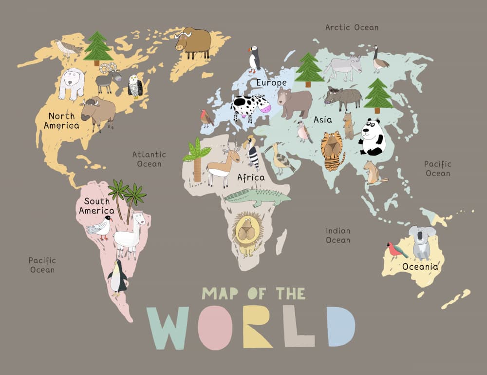 World Map with Cute Animals by Carla Daly — canvas wall art