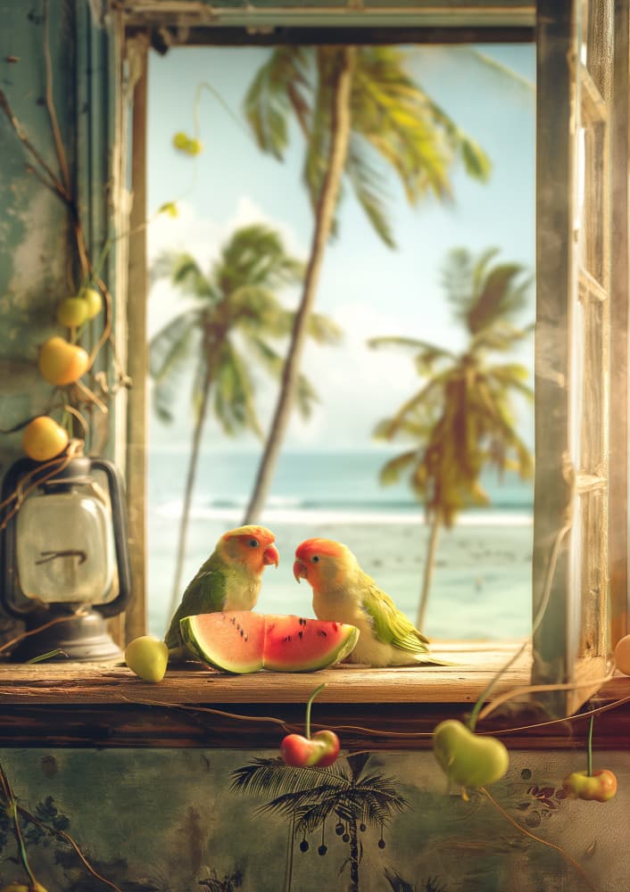 Tropical Lovebirds Window by Niky Rahner — canvas wall art