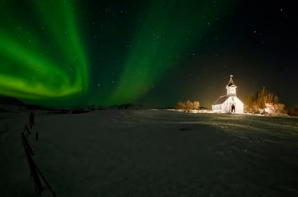 Church Under Northern Lights by Bragi Ingibergsson - BRIN — canvas wall art