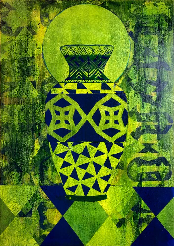 Green Blue Patterned Vase by David Galan — canvas wall art