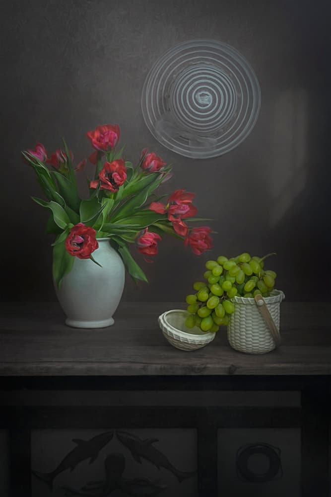 Red Tulips Green Grapes by Lydia Jacobs — canvas wall art