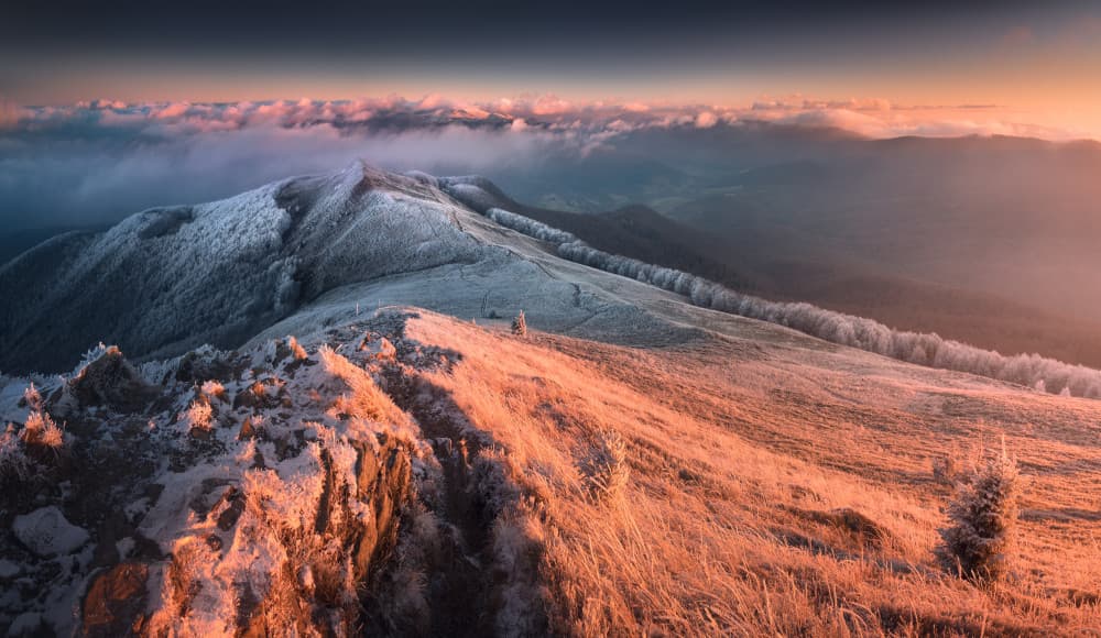 Sunrise Over Frosty Mountains by Karol Nienartowicz — canvas wall art