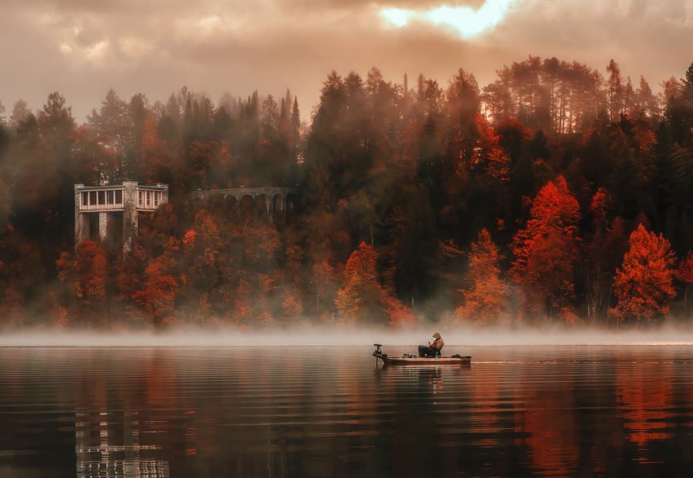Misty Autumn Lake Fishing by Leechee Z — canvas wall art