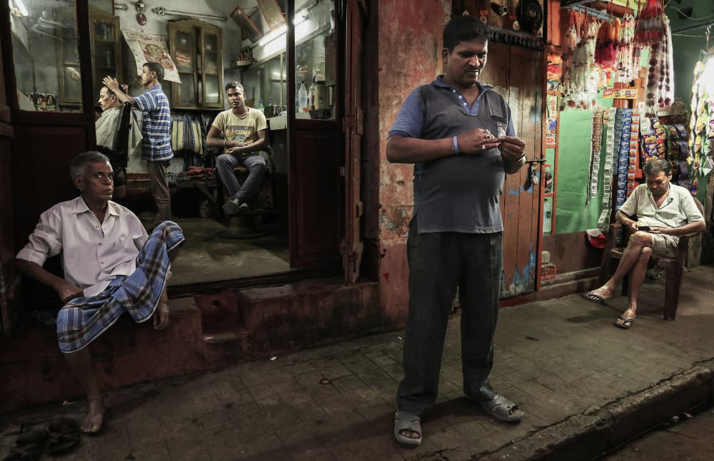 Urban Barbershop Night by Kuntal Biswas — canvas wall art