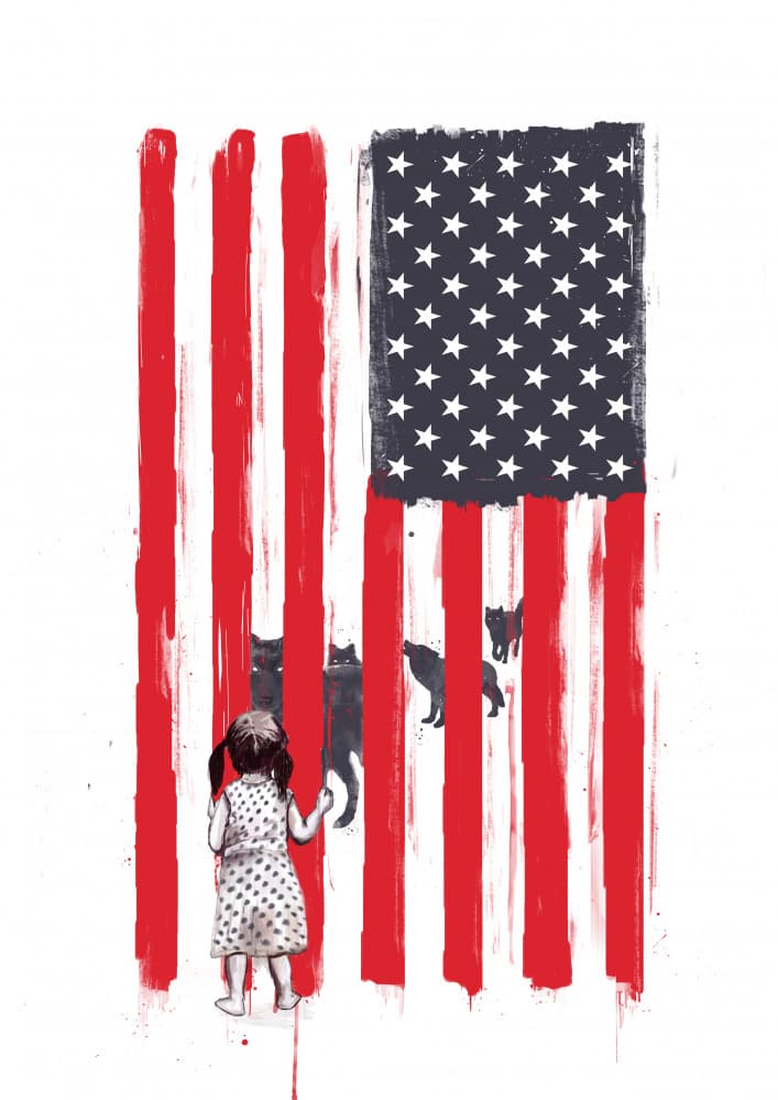 Girl American Flag Wolves by Balazs Solti — canvas wall art