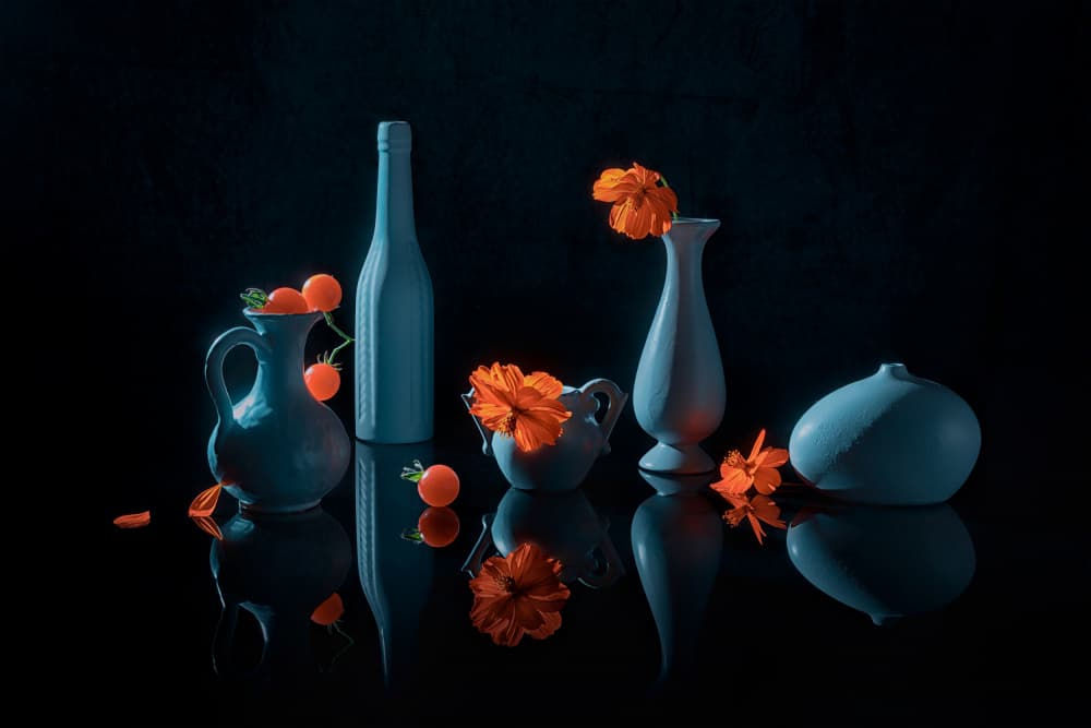 Orange Flowers Blue Vases by Lydia Jacobs — canvas wall art