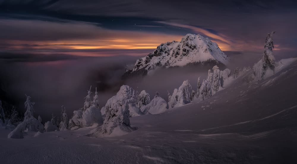 Snowy Mountain Night Glow by Marian Kuric QEP — canvas wall art
