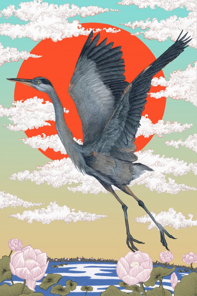 Heron And Red Sun by EC Mazur — canvas wall art