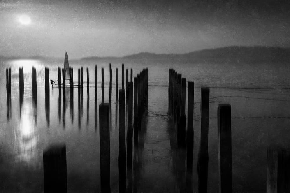 Misty Pier Sailboat by Ekkachai Khemkum — canvas wall art