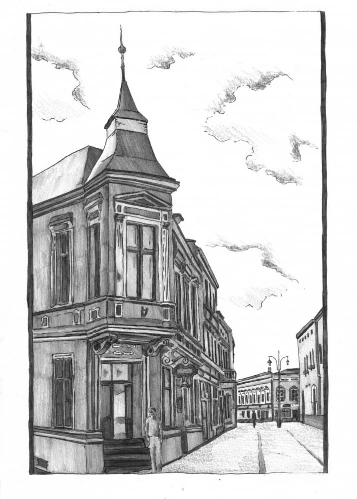 Historic Corner Building Drawing by Kulik — canvas wall art