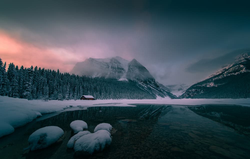 Snowy Mountain Lake Cabin by Bing Li — canvas wall art