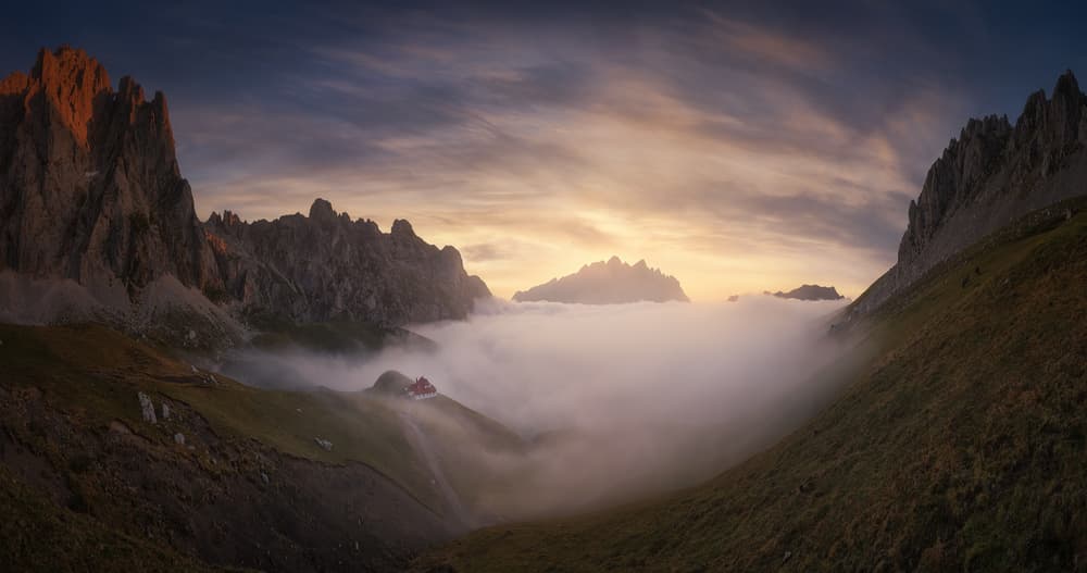 Red Hut Mountain Mist by Carlos F. Turienzo — canvas wall art