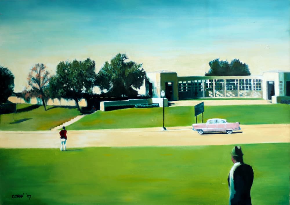 Vintage Pink Car Scene by Corné Akkers — canvas wall art