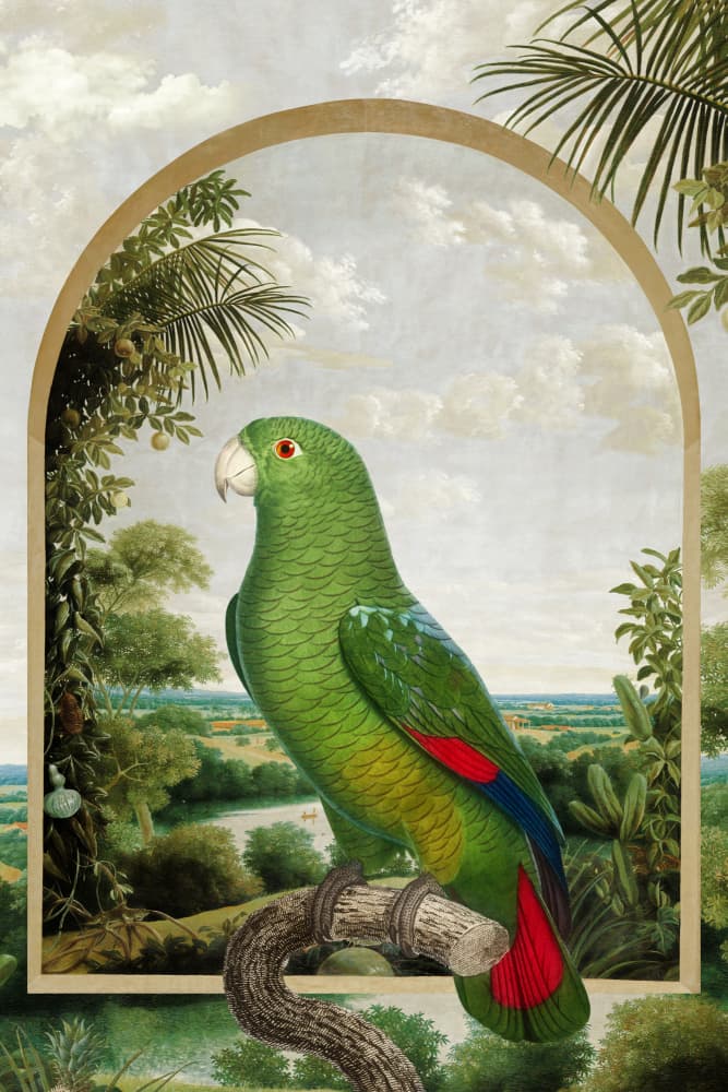 Green Parrot Jungle View by Marja van den Hurk — canvas wall art