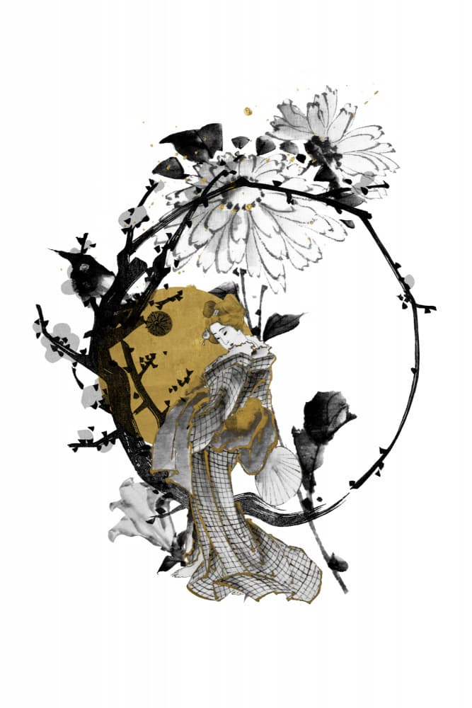 Golden Geisha Plum Blossom by Marja van den Hurk — canvas wall art