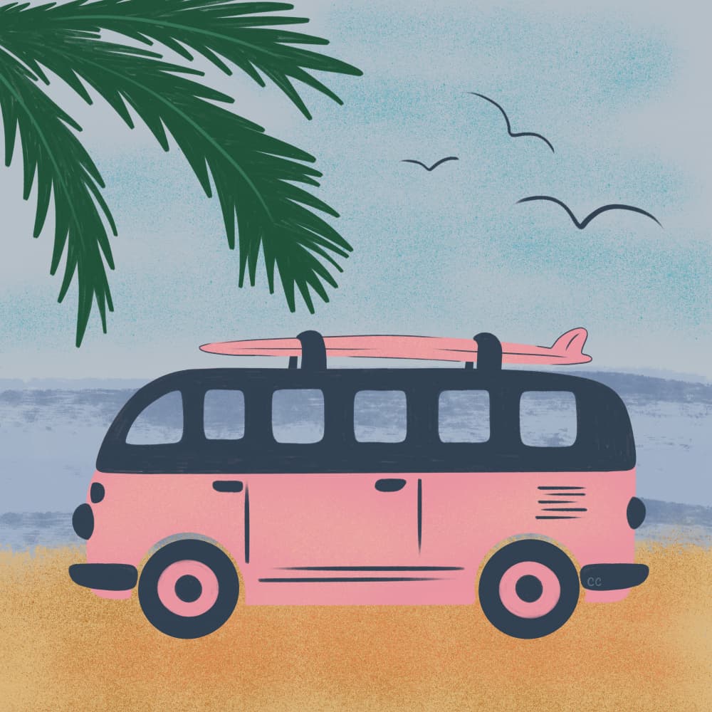 Pink Beach Camper by Carrie Cantwell — canvas wall art