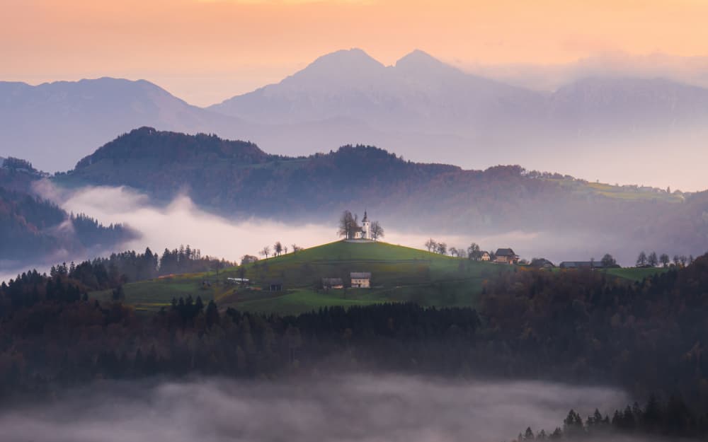 Misty Valley Church Morning by Catherine Lu — canvas wall art