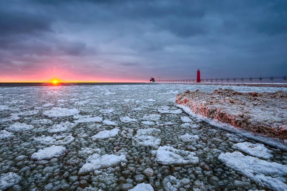Winter Lake Sunset Lighthouse by John Fan — canvas wall art