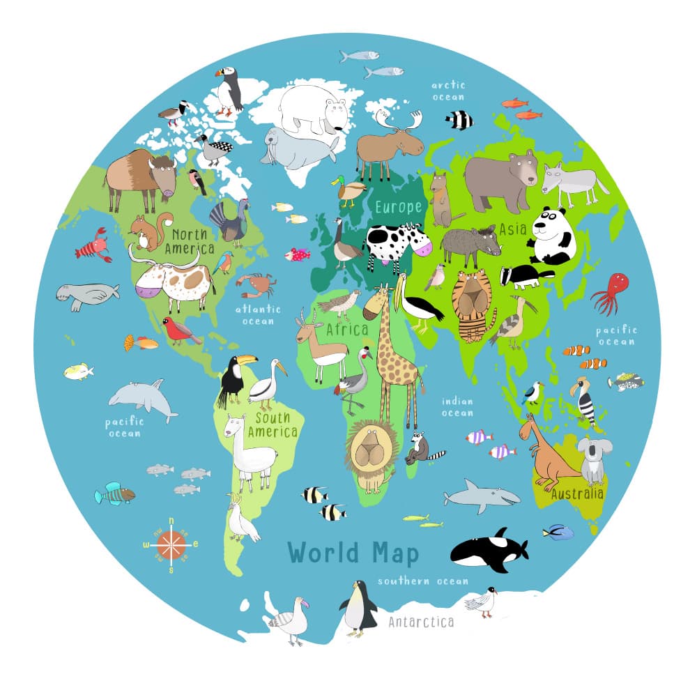 Playful World Animal Map by Carla Daly — canvas wall art