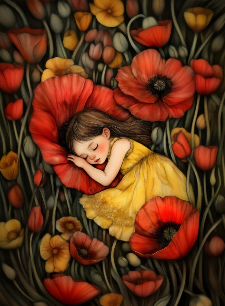 Sleeping Girl in Poppies by Annika Persson — canvas wall art