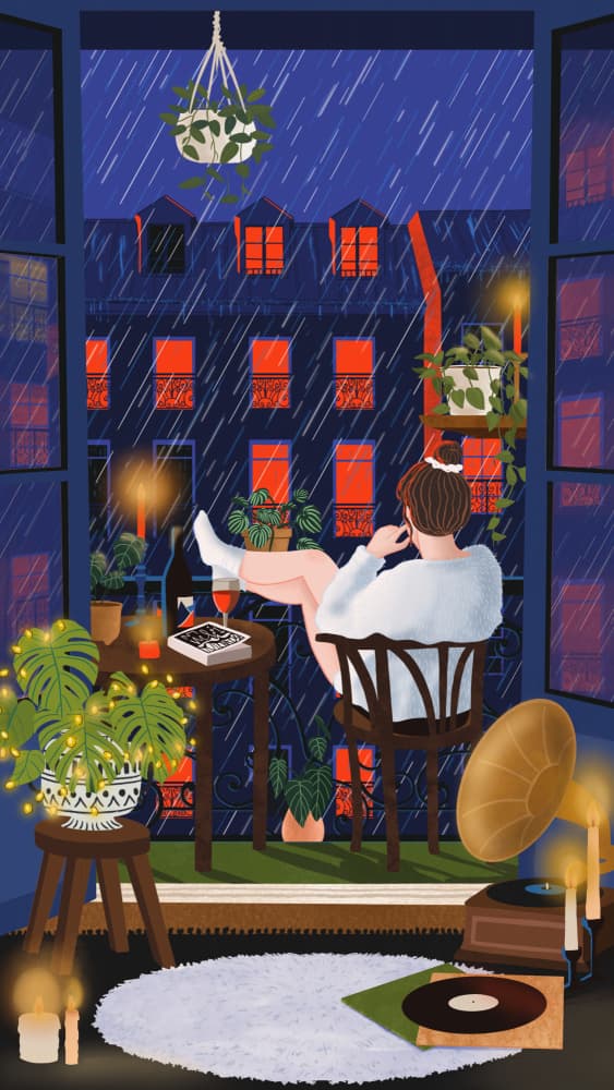 Cozy Rainy Night Balcony by Ceyda Alasar — canvas wall art