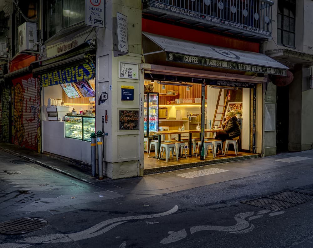 Cozy Cafe Corner Night by Peter Hammer — canvas wall art