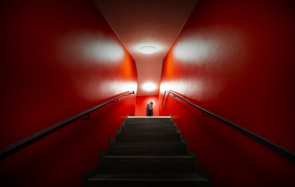 Dramatic Red Stairwell by Maurits De Groen — canvas wall art