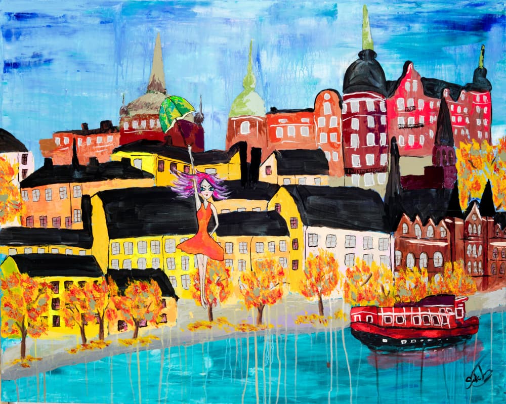 Floating Girl Autumn City by Sofia Toborg — canvas wall art