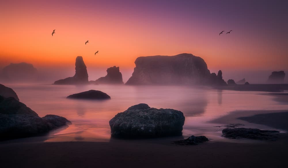 Foggy Sunset at Bandon Beach by Lydia Jacobs — canvas wall art