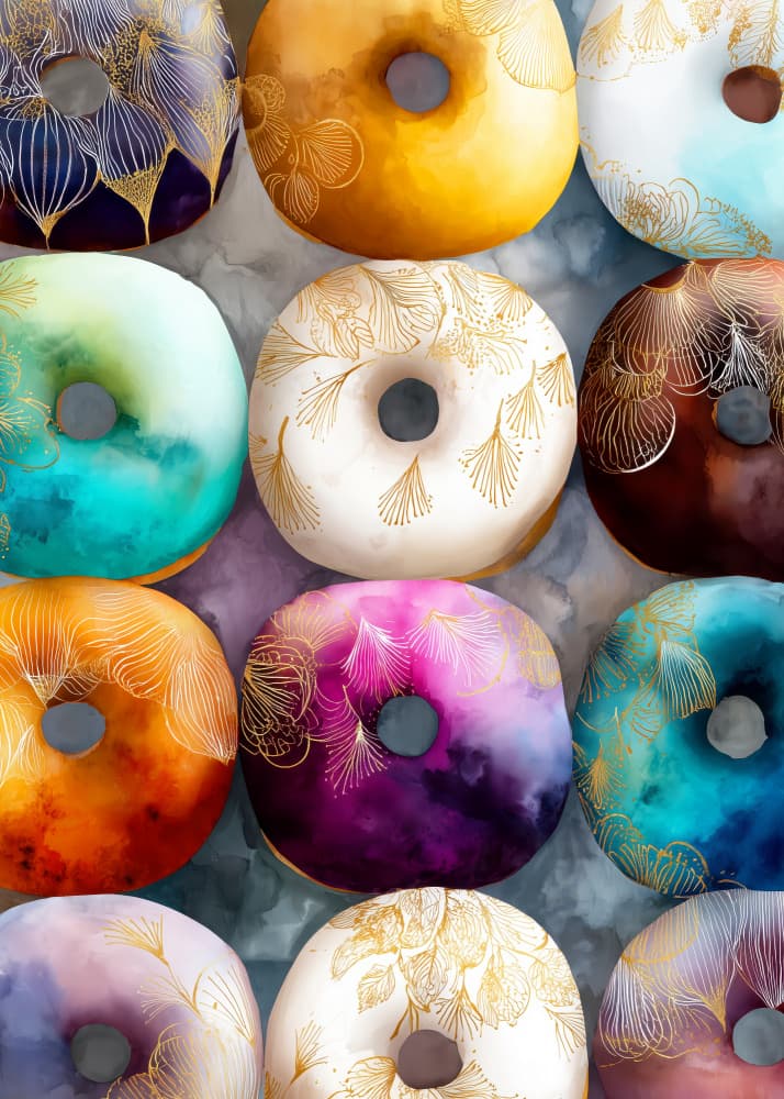 Vibrant Golden Donuts by Justyna Jaszke — canvas wall art