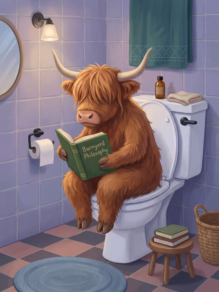 Highland Cow Reading Philosophy by Andreas Magnusson — canvas wall art