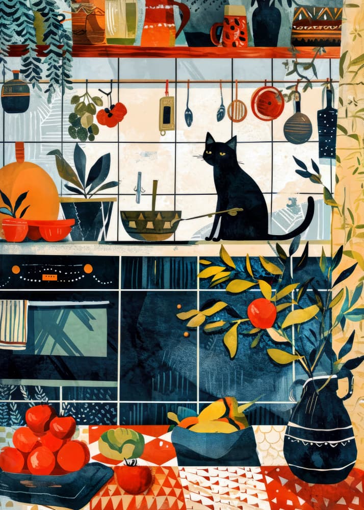 Black Cat Kitchen by Justyna Jaszke — canvas wall art