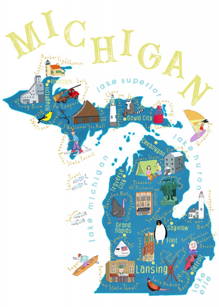 Whimsical Michigan Map by Carla Daly — canvas wall art
