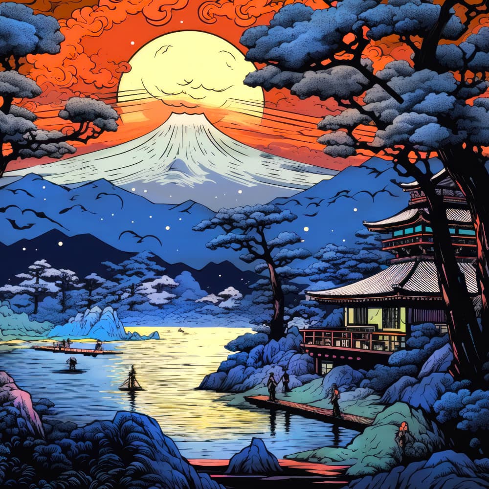 Japanese Temple Sunset Lake by Justyna Jaszke — canvas wall art
