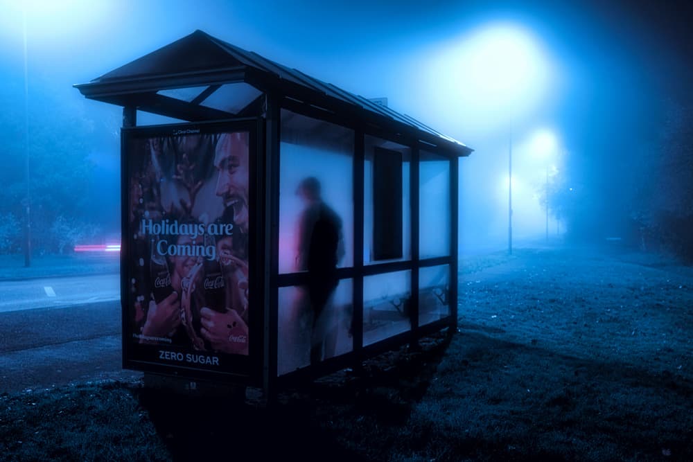 Foggy Bus Stop Night by Peter Davidson — canvas wall art