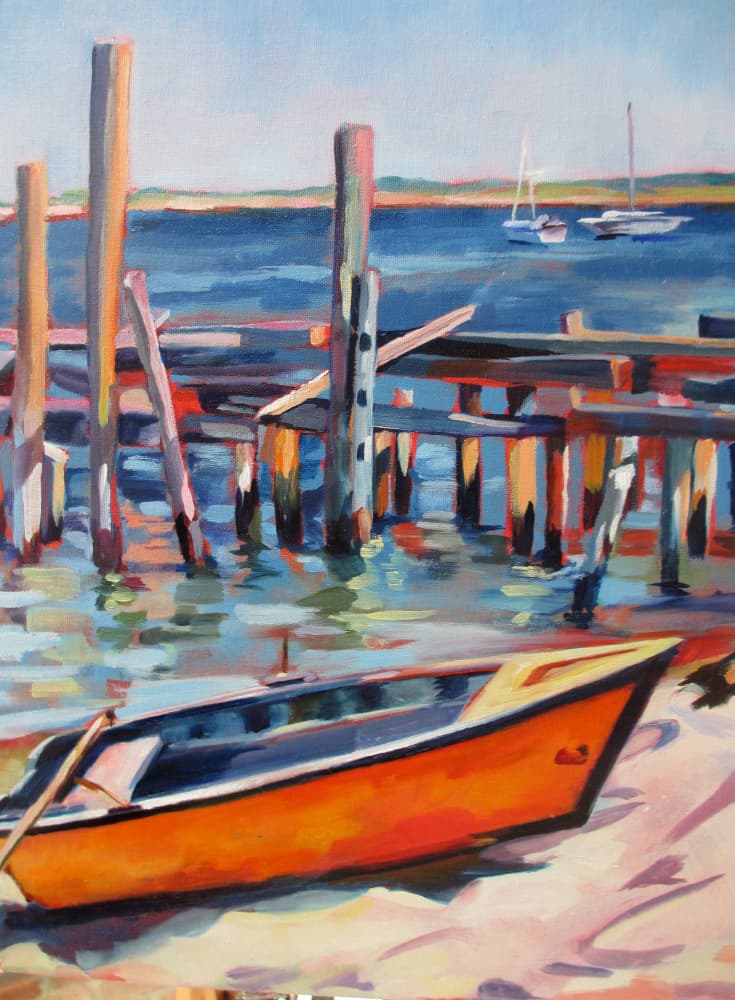 Dockside Orange Boat by Maxine Shore — canvas wall art