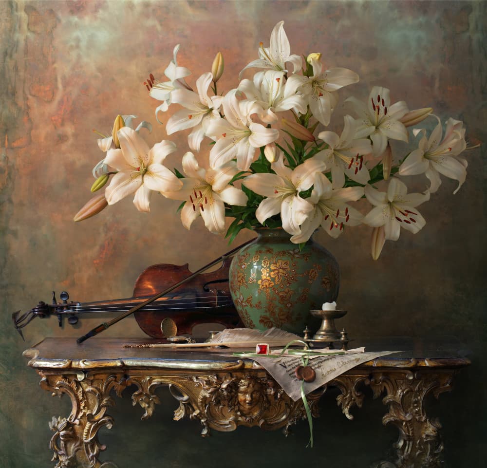 Elegant Lilies and Violin by Andrey Morozov — canvas wall art