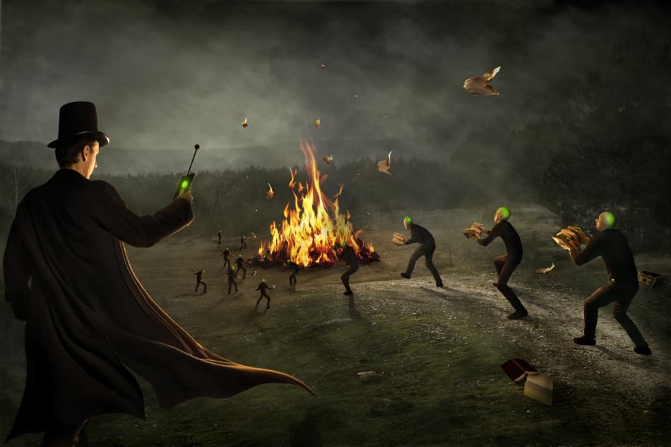 Mysterious Man Burning Books by Christophe Kiciak — canvas wall art