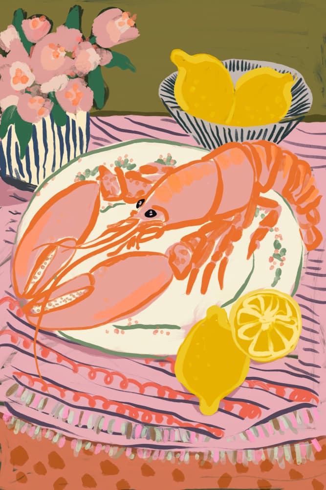 Vibrant Lobster Still Life by Treechild — canvas wall art