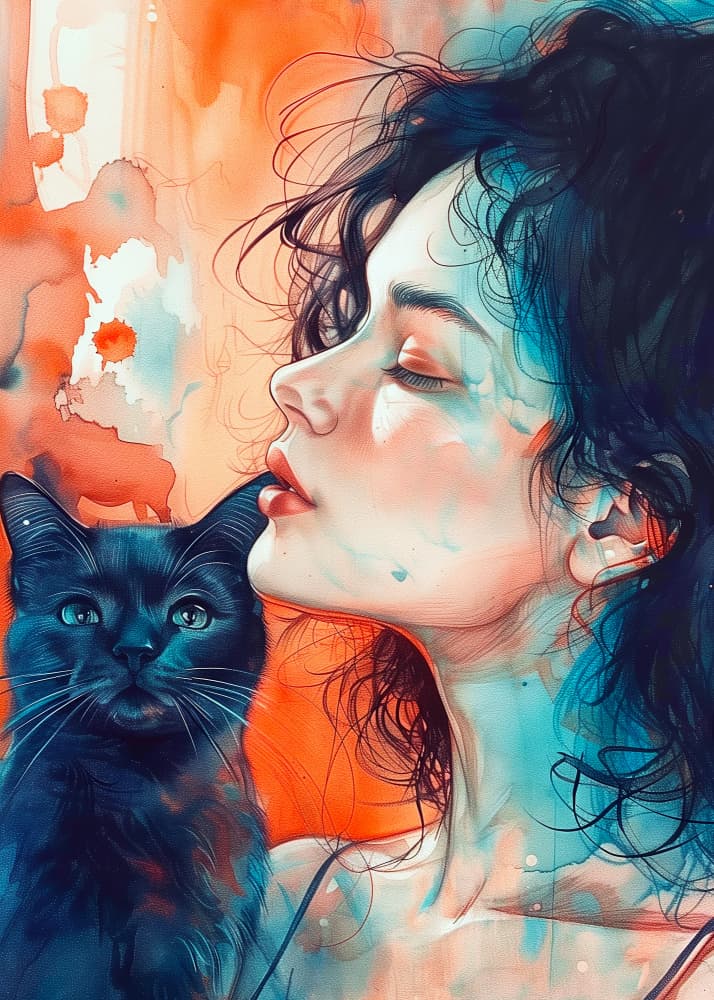 Dreamy Woman Cat Portrait by Justyna Jaszke — canvas wall art