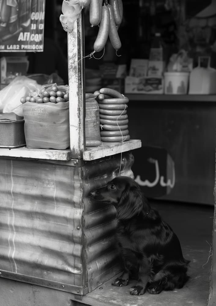 Street Dog By Shop by Niky Rahner — canvas wall art
