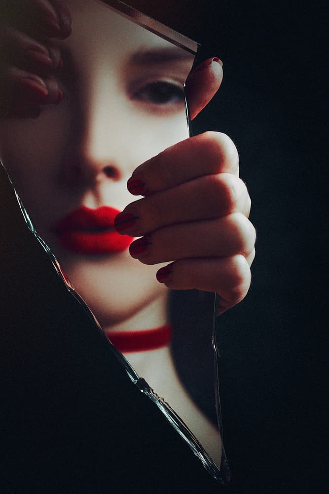 Red Lips Broken Reflection by Ruslan Bolgov — canvas wall art