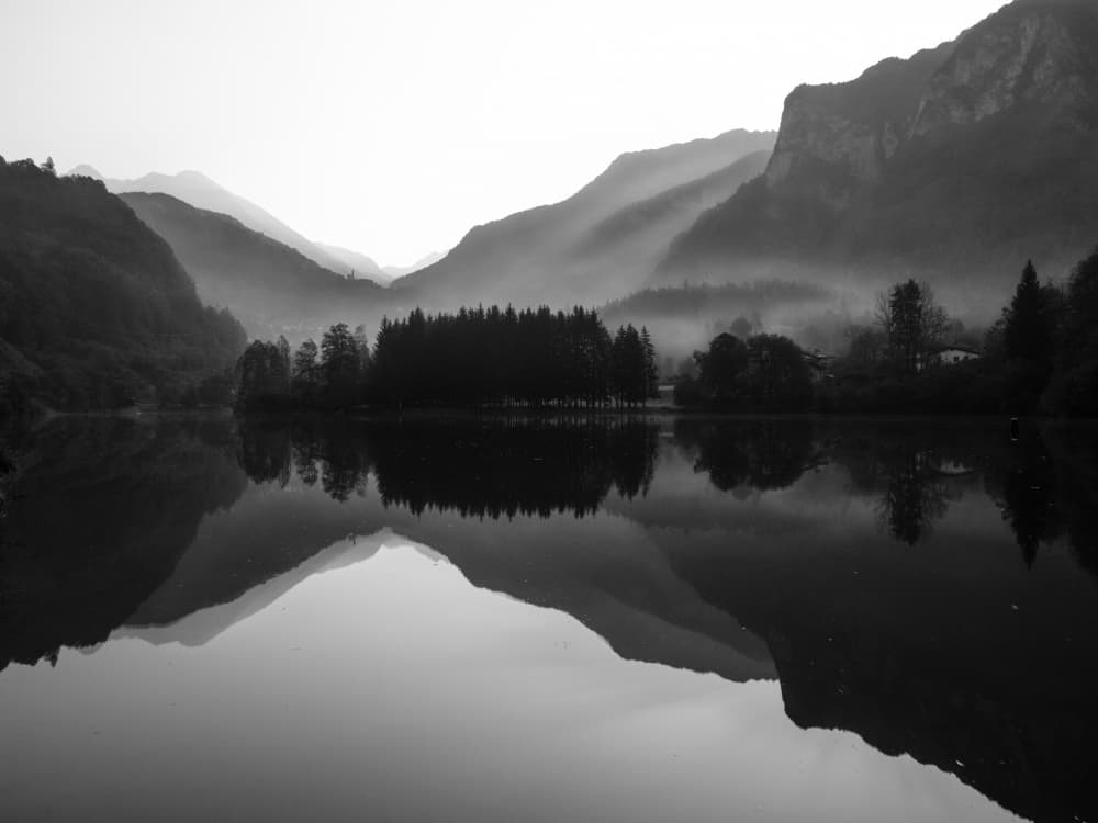 Misty Mountain Lake Reflection by Michel Manzoni — canvas wall art