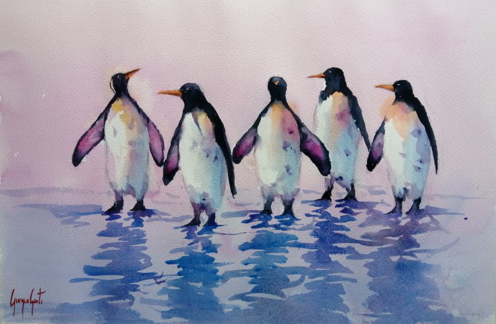 Five Walking Penguins by Giorgio Gosti — canvas wall art